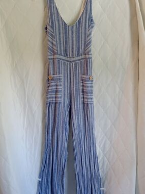 Indigo Rein Blue & White Striped Linen Wide-Leg Jumpsuit